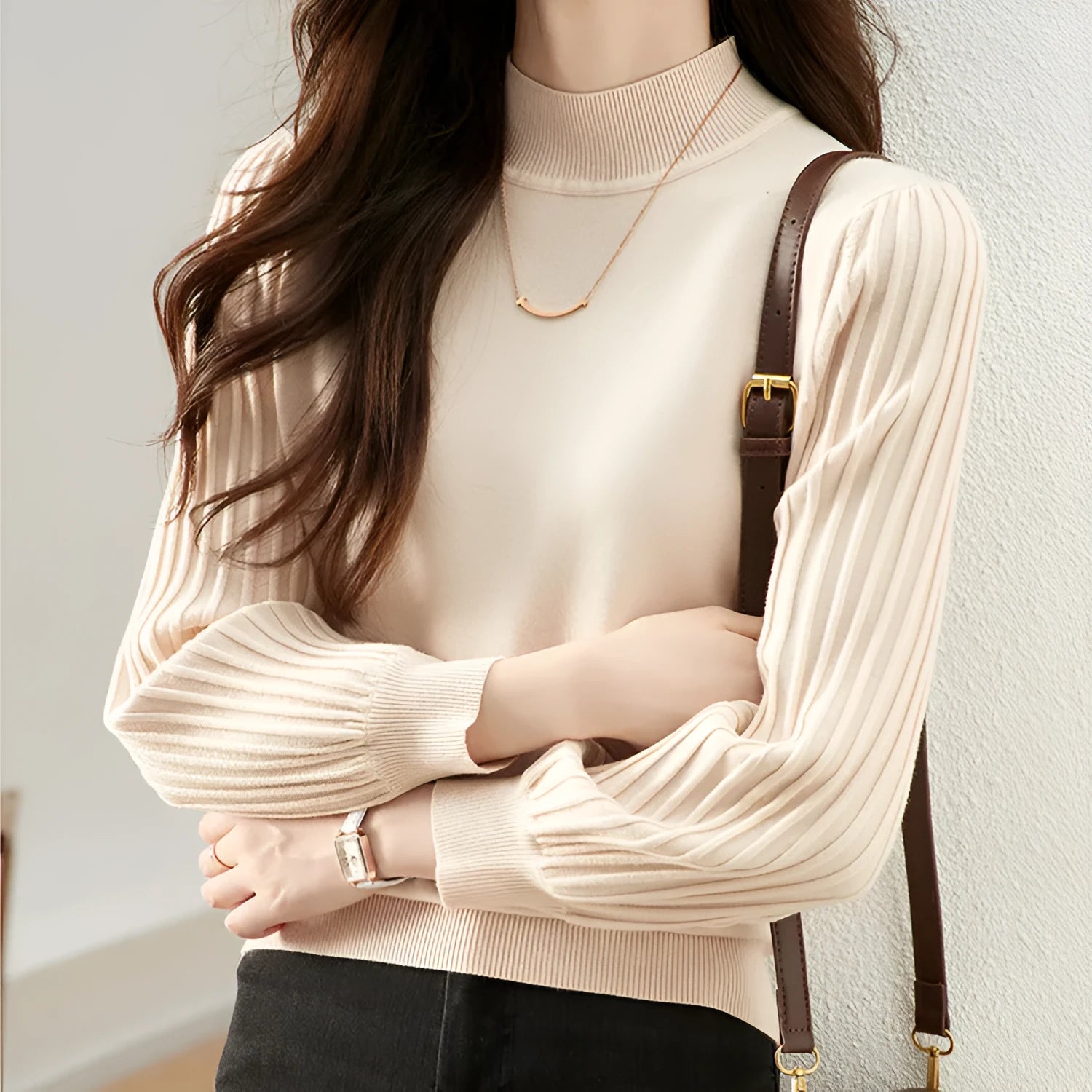 Slim fit half turtleneck shirt in core-spun yarn with spandex, regular sleeves, 50cm length