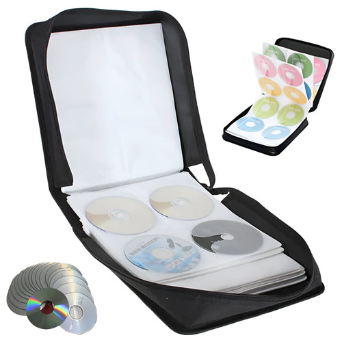 Black Oxford cloth CD DVD storage organiser bag with heavy-duty hand strap and zipper closure showing organised disc compartments