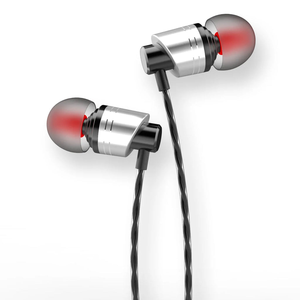 Black wired in-ear headphones with a 3.5mm plug, microphone on cable, and three pairs of silicone ear tips