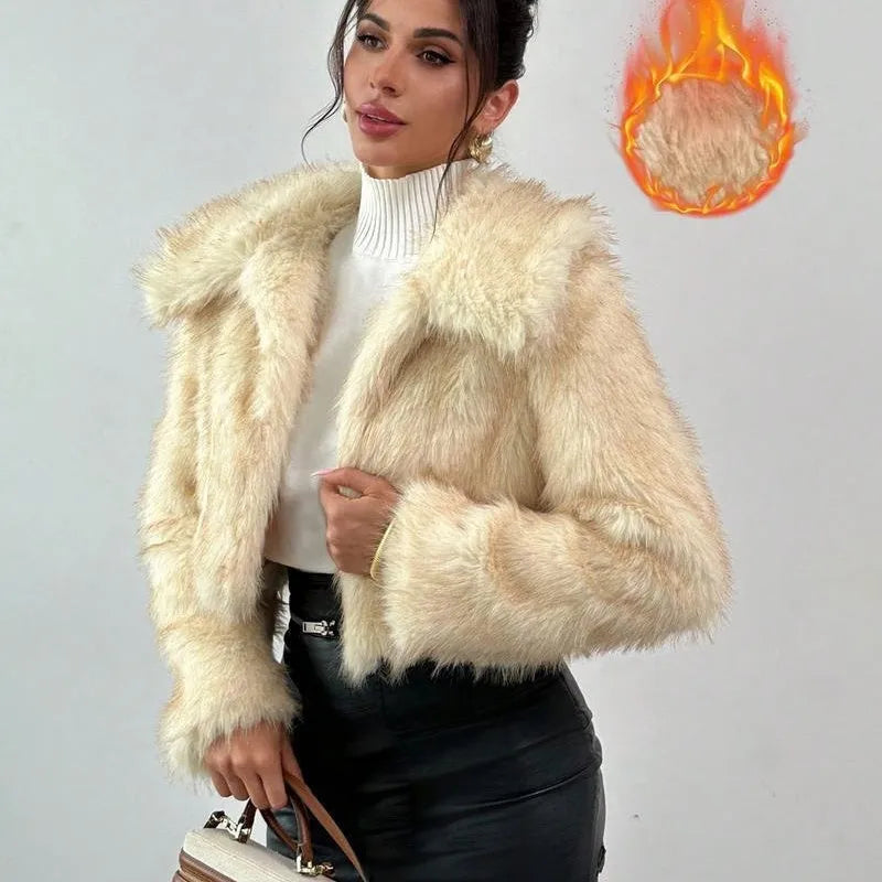 Short-length artificial fur coat with a thick fur collar, shown in one of six available colour options.