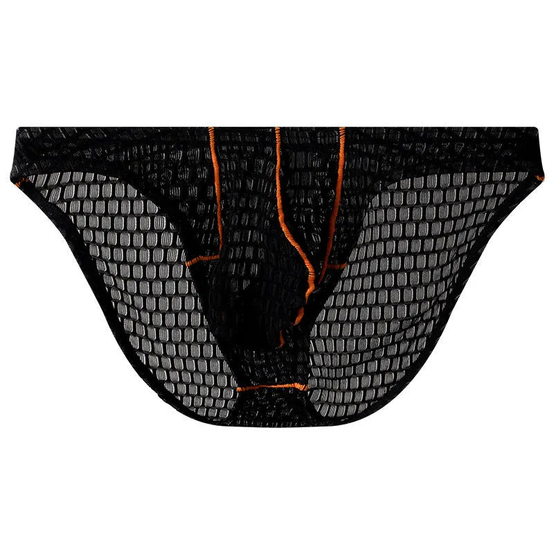 Men's low-waist ice silk lace briefs in white, black, green, red, and purple colours.