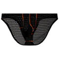 Men's low-waist ice silk lace briefs in white, black, green, red, and purple colours.