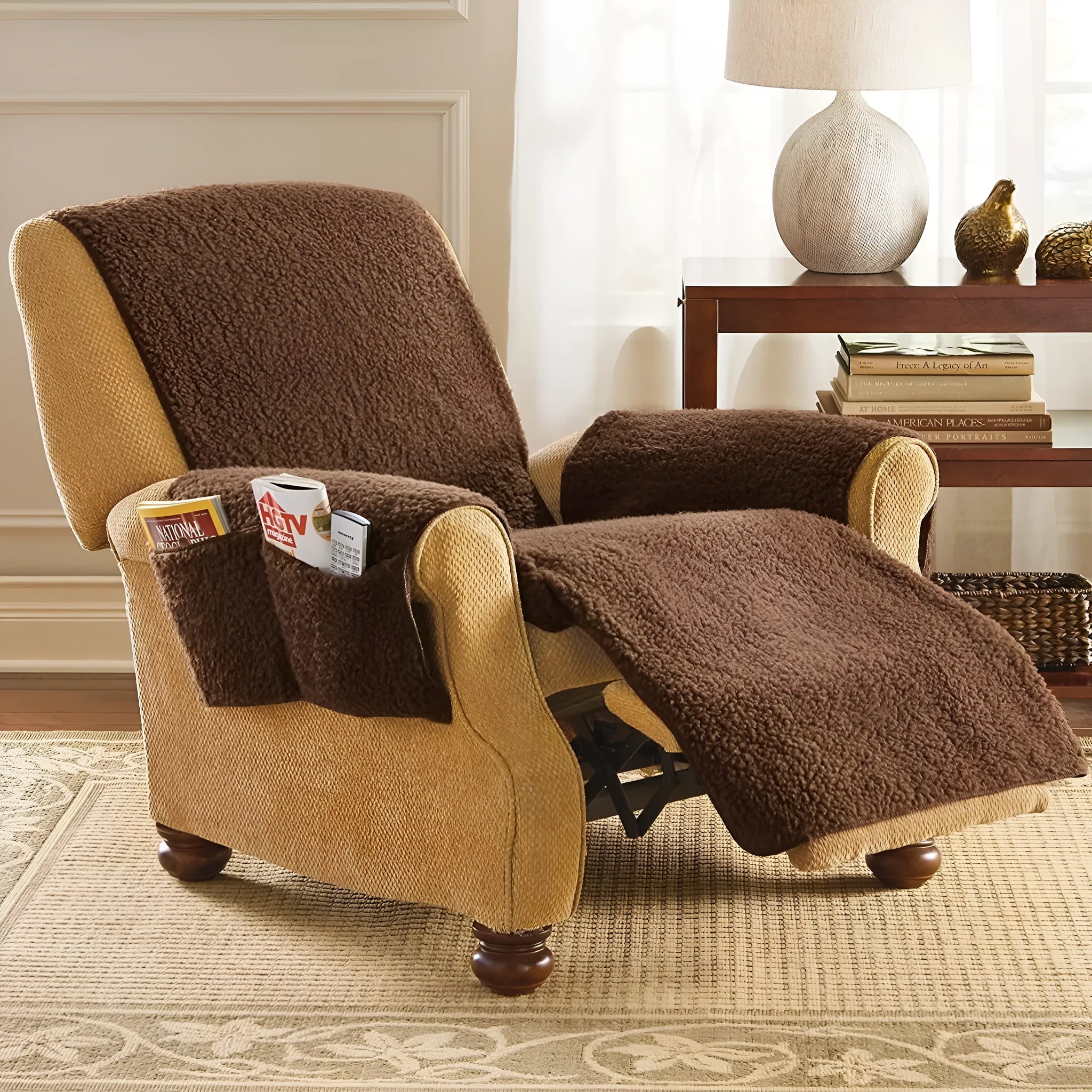 Universal polyester sofa cushion cover with lamb wool texture in beige, red, coffee, or grey.