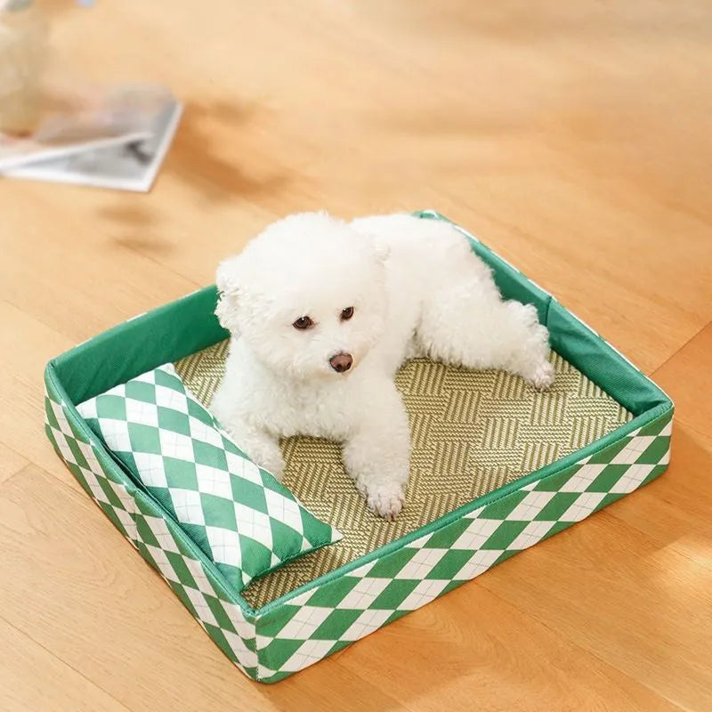 Natural rattan woven cat litter mat with removable bamboo cotton cushion cover in blue.