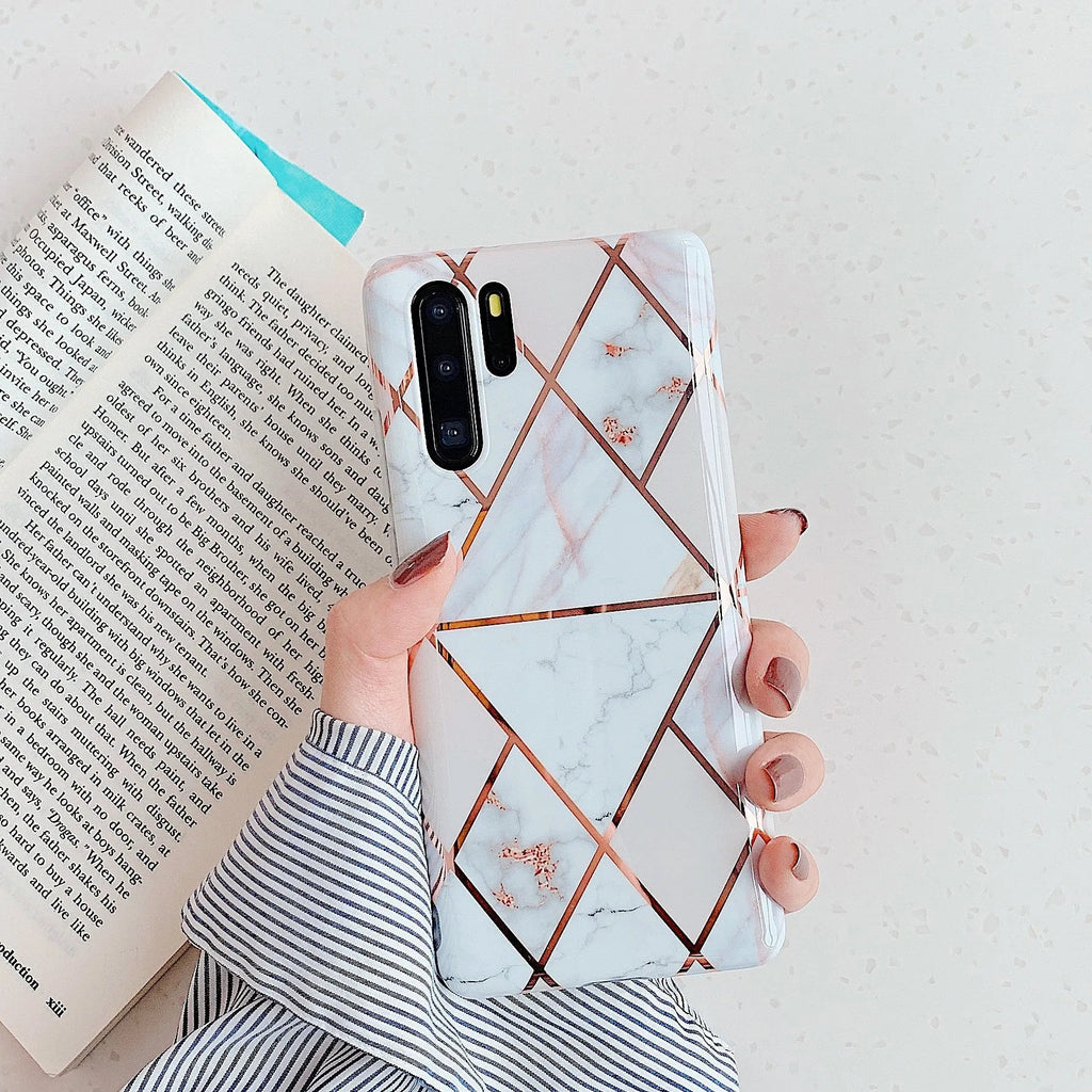 Electroplated marble pattern mobile phone case showing multiple colour options for Huawei and Samsung smartphones