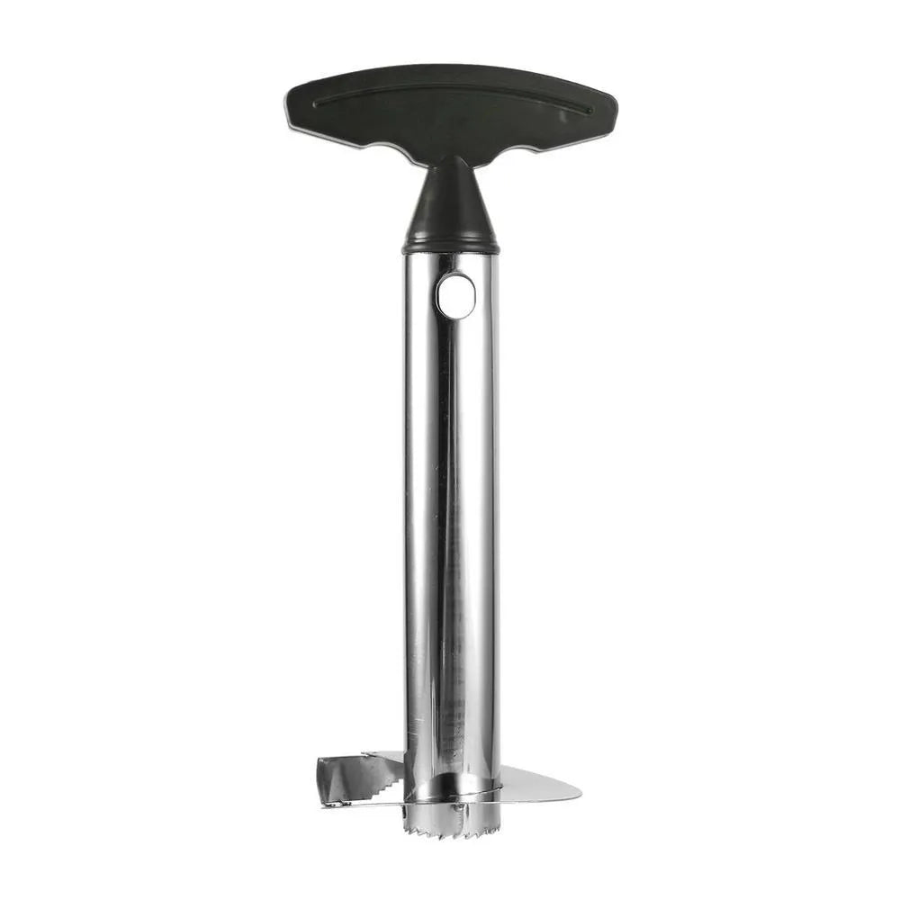 Stainless steel pineapple peeler with black handle and coring blade, 83.7 mm width, shown on white background