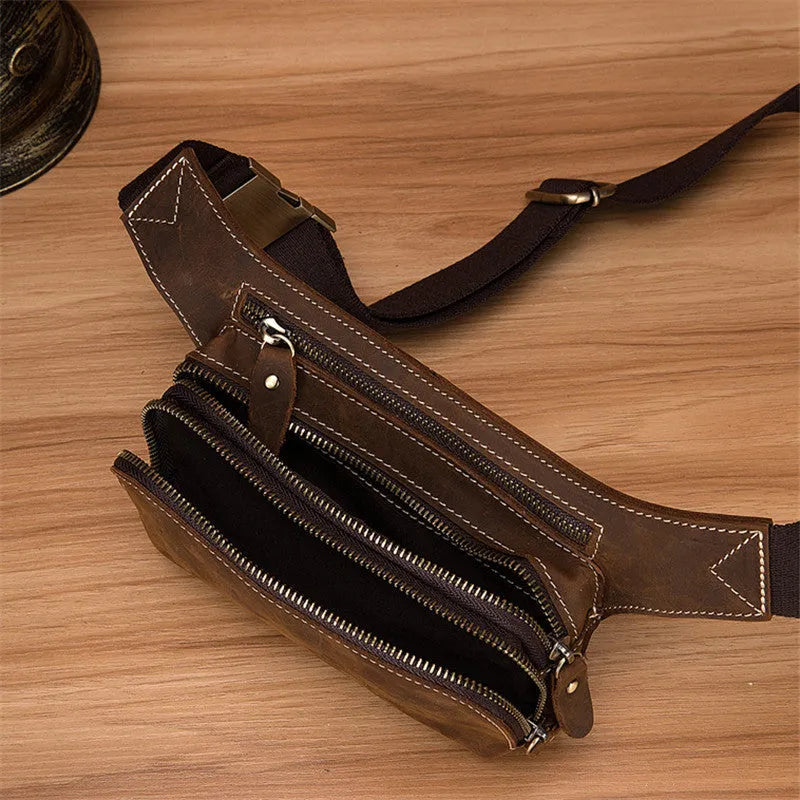 Brown top layer cowhide leather men's sports waist bag showing pull closure
