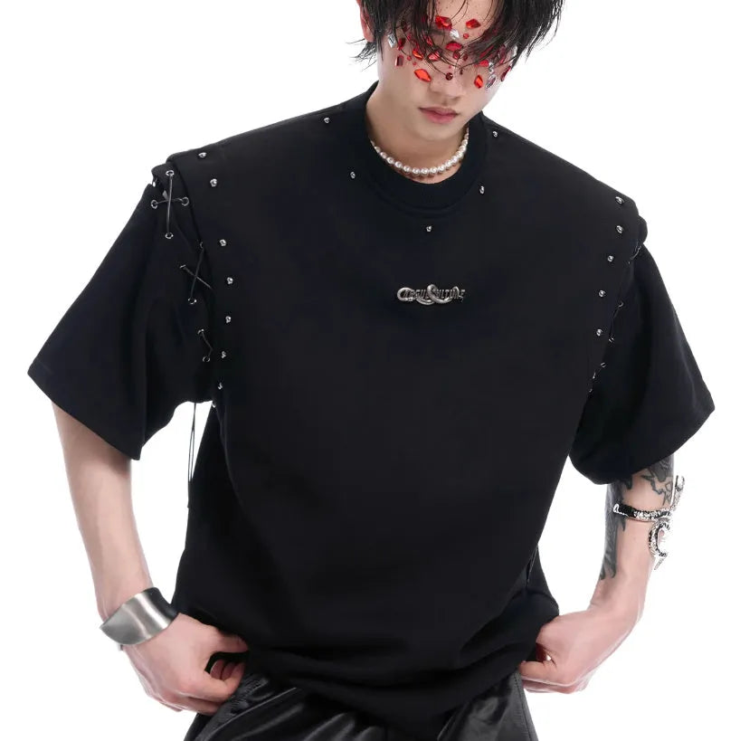Short sleeve T-shirt with lace-up cutout design in black or white colour options