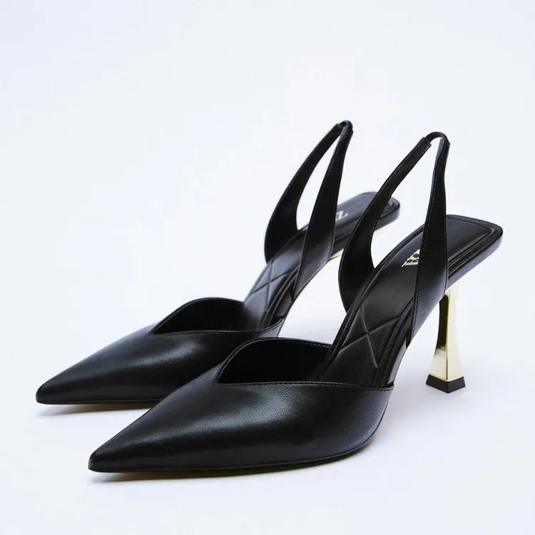 Women's nude patent leather high heels with pointed toe and shallow mouth design in apricot colour