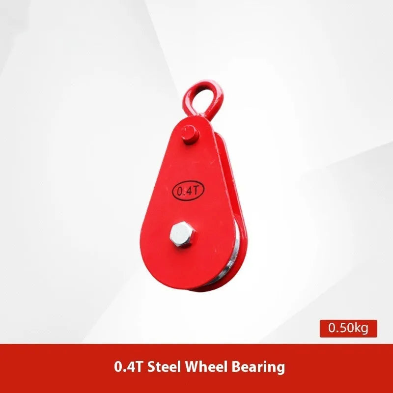 Red forged steel lifting pulley with a ring hook and safety latch for industrial general lifting applications.