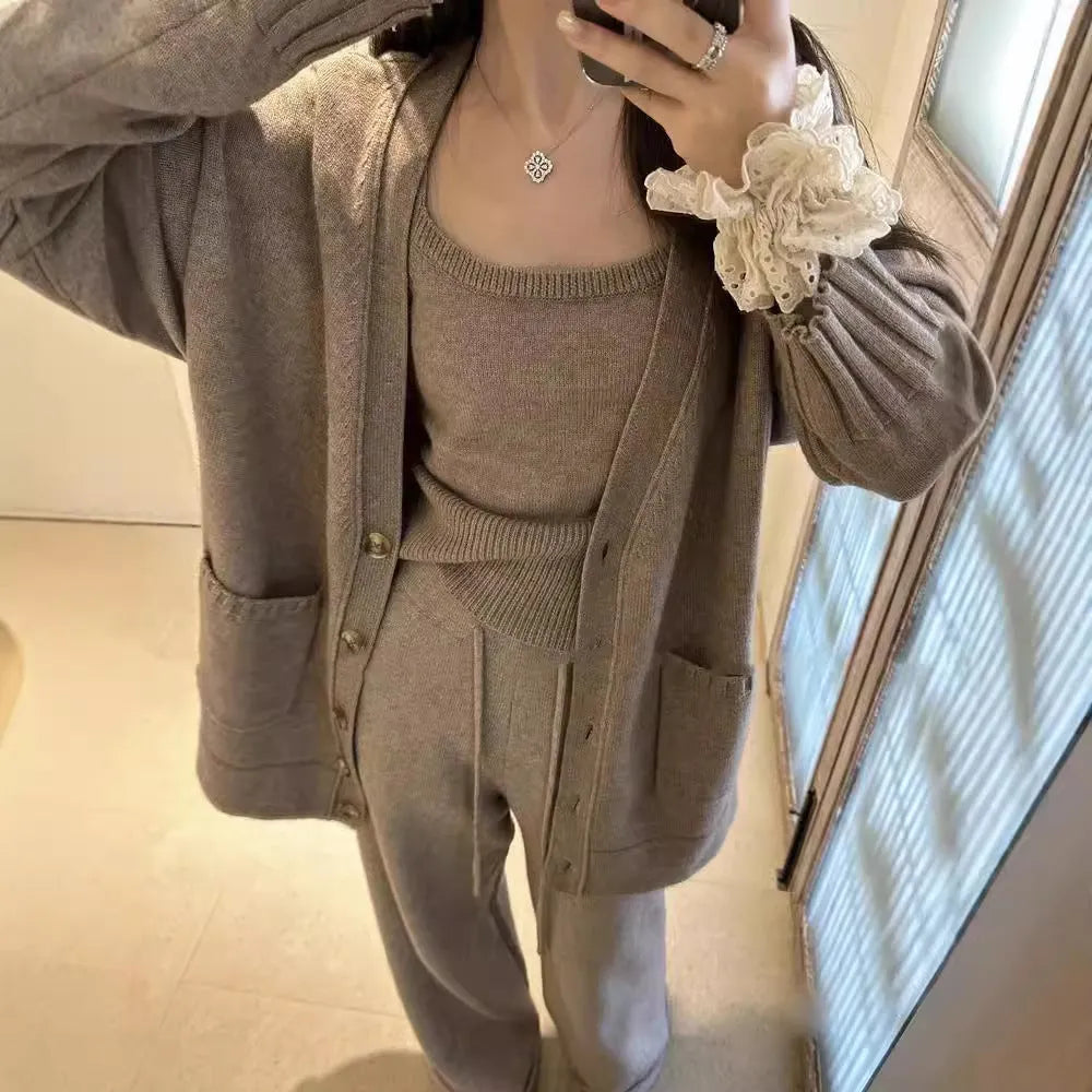 Women's knit cardigan suspender pants three-piece set in thick wool blend fabric