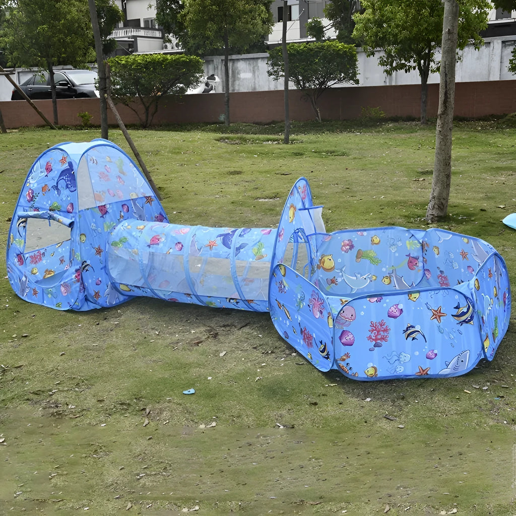 Children's cloth three-in-one play tent with tunnel in a cartoon submarine theme