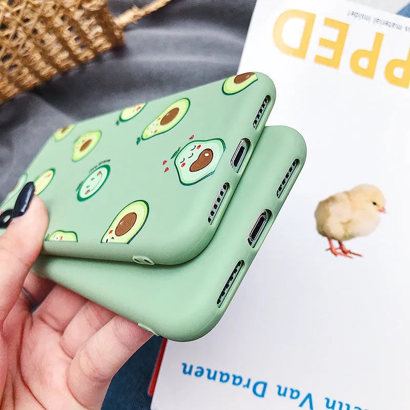 Avocado cartoon design on a green TPU phone case for iPhone, showing back cover style.