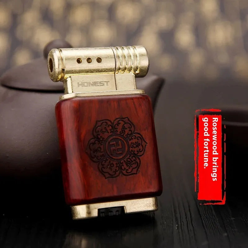 Black wood ebony gas lighter with rosewood sun face decorative panel