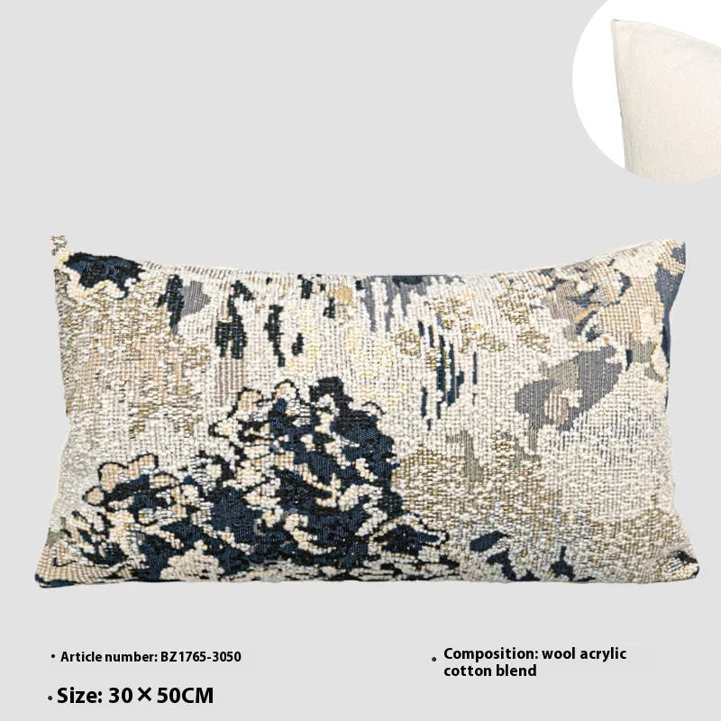 Antique blue wool blend decorative pillow with abstract floral pattern in square and rectangular sizes