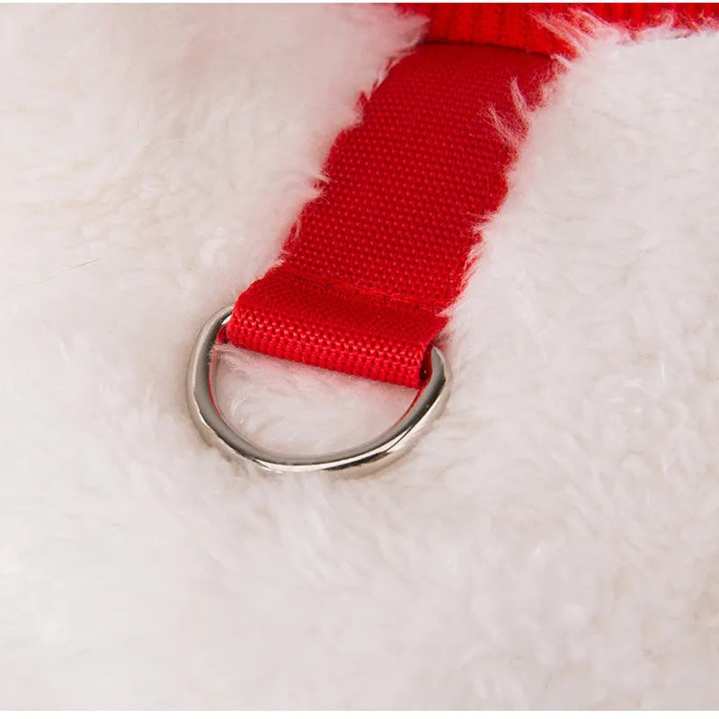 White plush bear pet jacket with 3D bear face, closed eyes, red knit trim, and metal leash ring for small dogs
