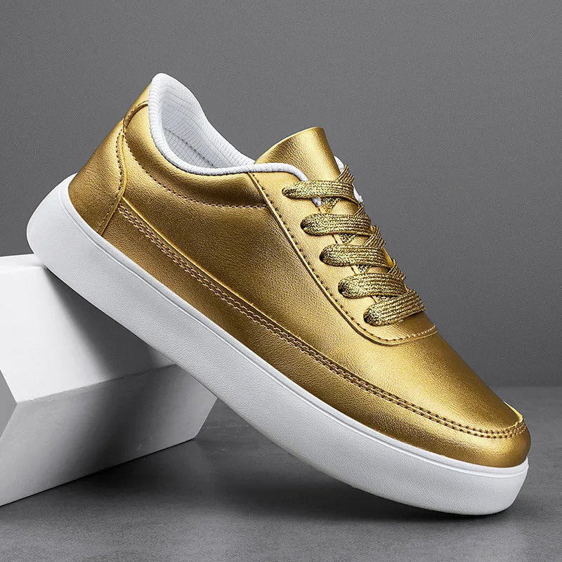 Women's white leather flat casual shoes with front lace-up closure.