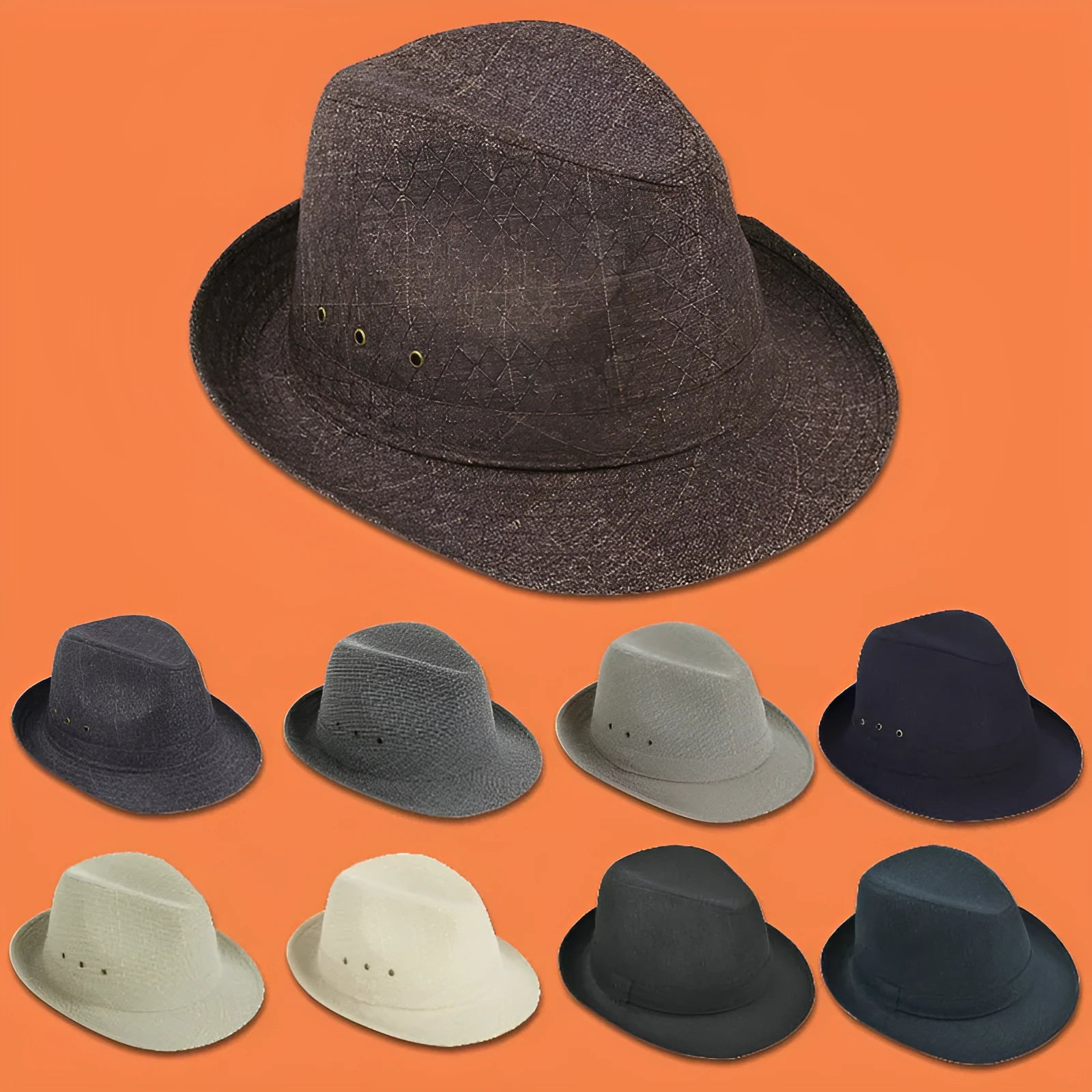 A men's fedora hat for mature gentlemen in thickened suit material or linen, shown in classic colours.