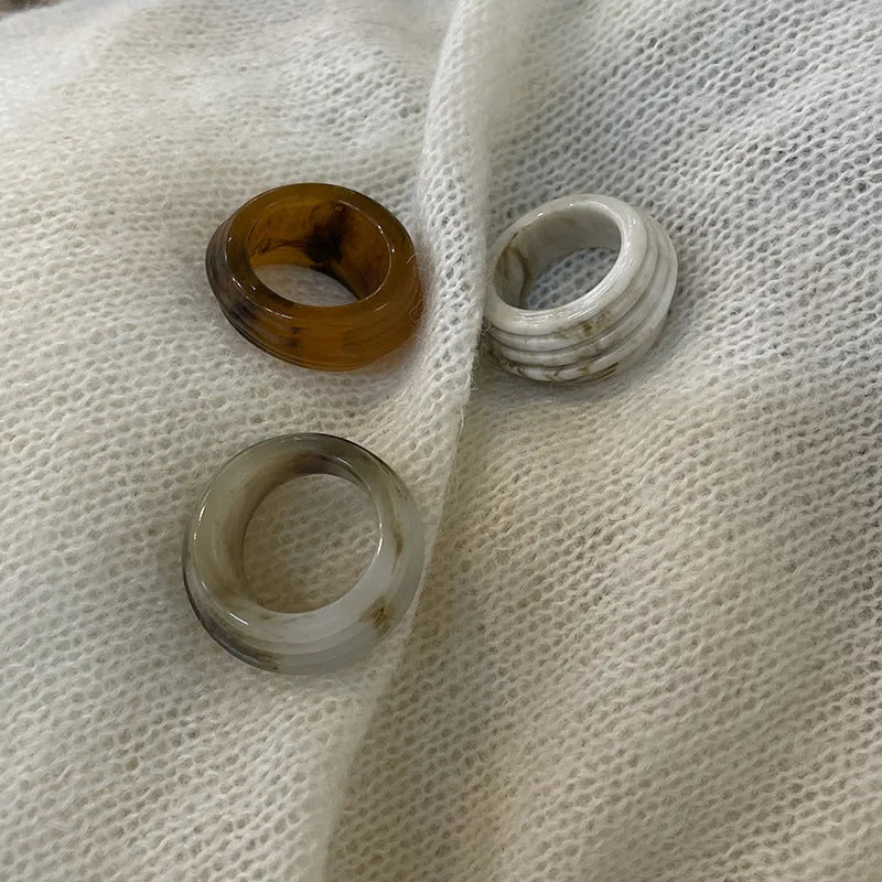 Chinese style irregular geometric resin wide ring in three neutral colours