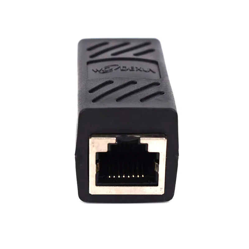 Black RJ45 network cable extender adapter with gold-plated contacts for joining Ethernet cables