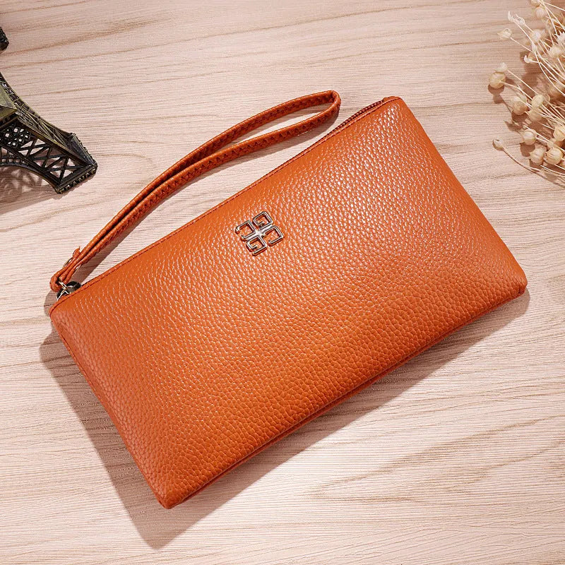 Long black PU leather phone wallet handbag with a zipper and sewing line detailing