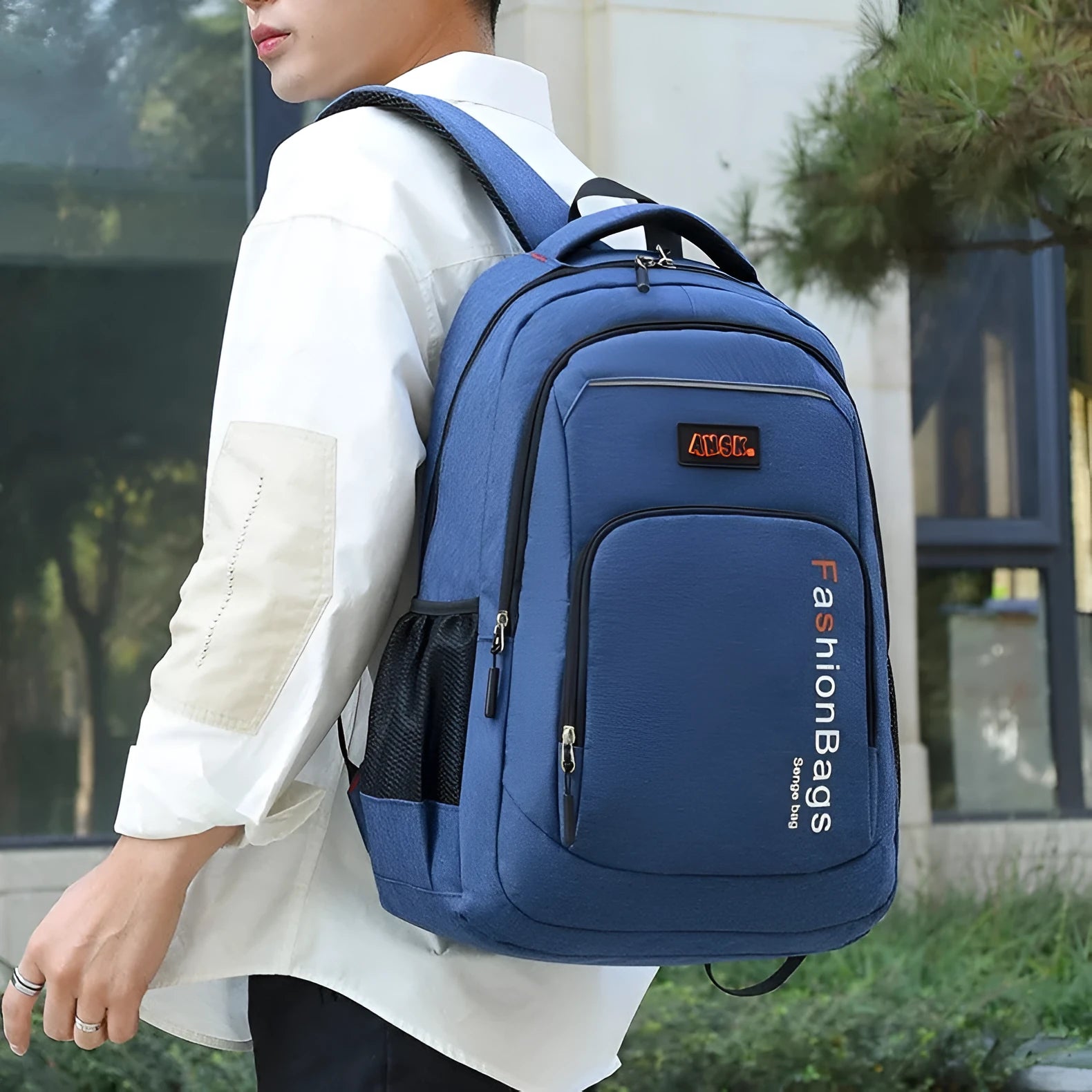 20L nylon fashion backpack showing organisational compartments including computer bag and shoulder straps in available colours