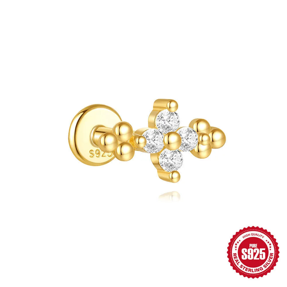 S925 sterling silver geometric moon and star earrings with embedded diamond detailing in gold tone finish