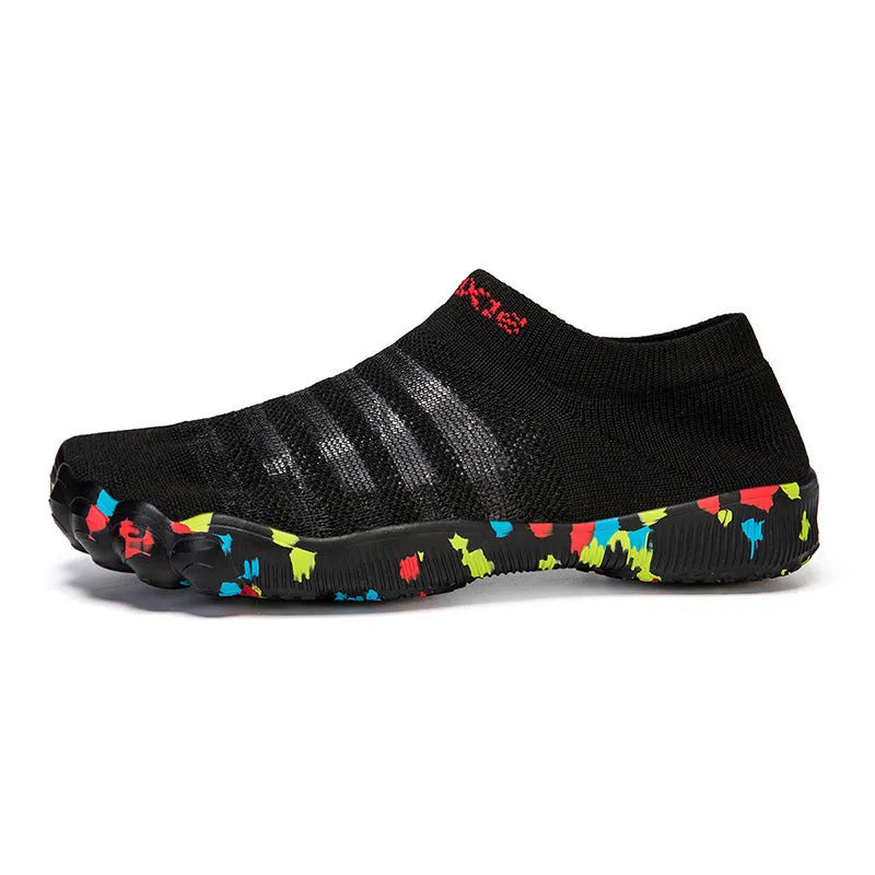 Women's camouflage print Flyknit water shoes with rubber sole and lace-up front.