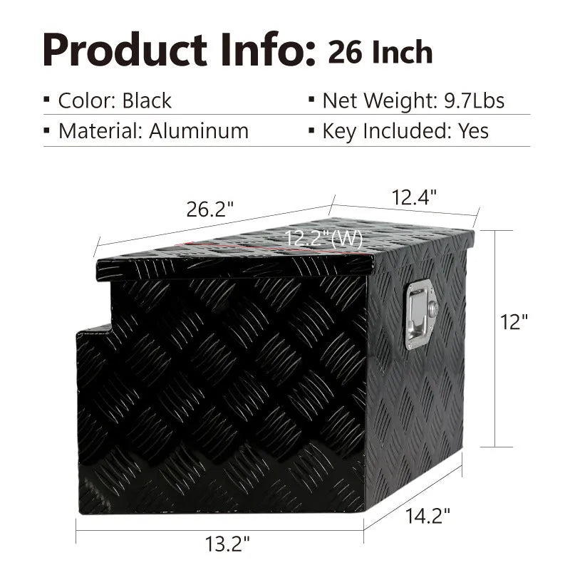 Black 26-inch aluminium alloy rolling tool case with wheels and pull handle.