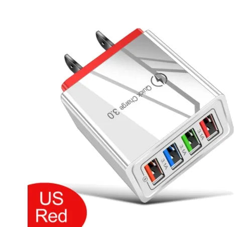 Four-port USB wall charger with LED light in choice of seven colours and EU/US plug options