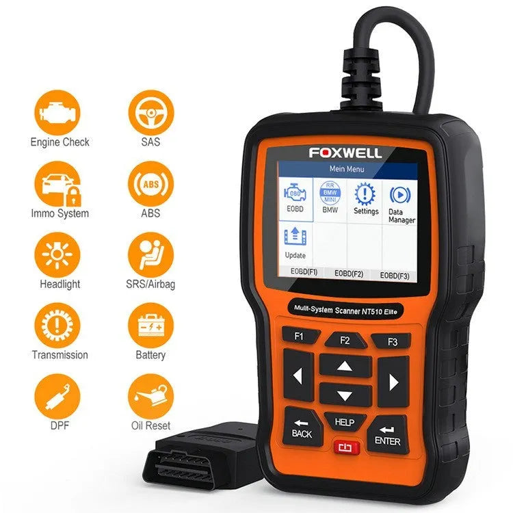 Orange and black Foxwell NT510 automotive OBD2 diagnostic scanner with data cable