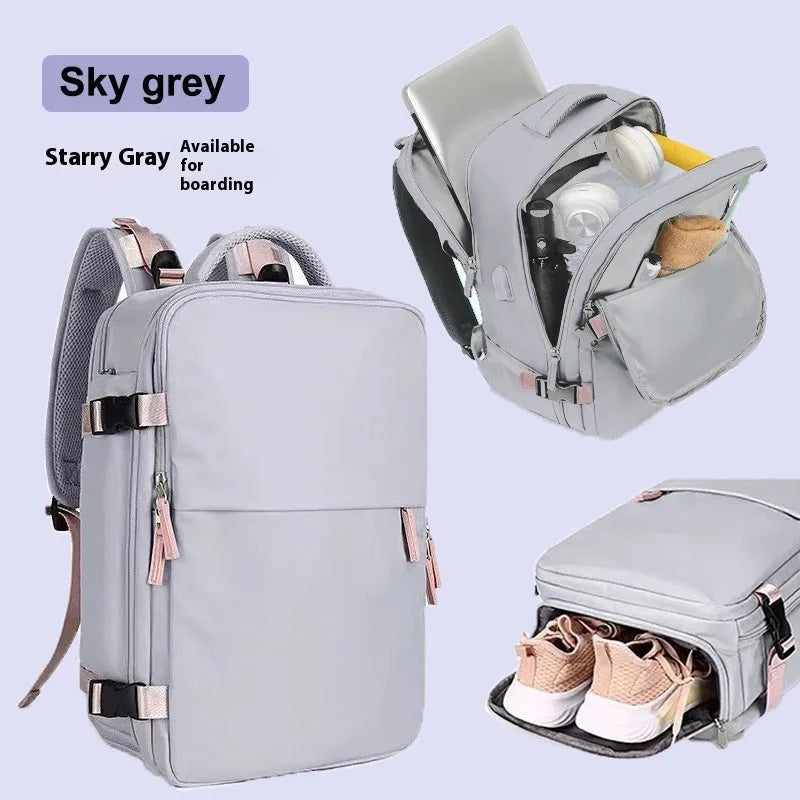 Women's large capacity Oxford cloth luggage backpack with curved straps in light grey colour