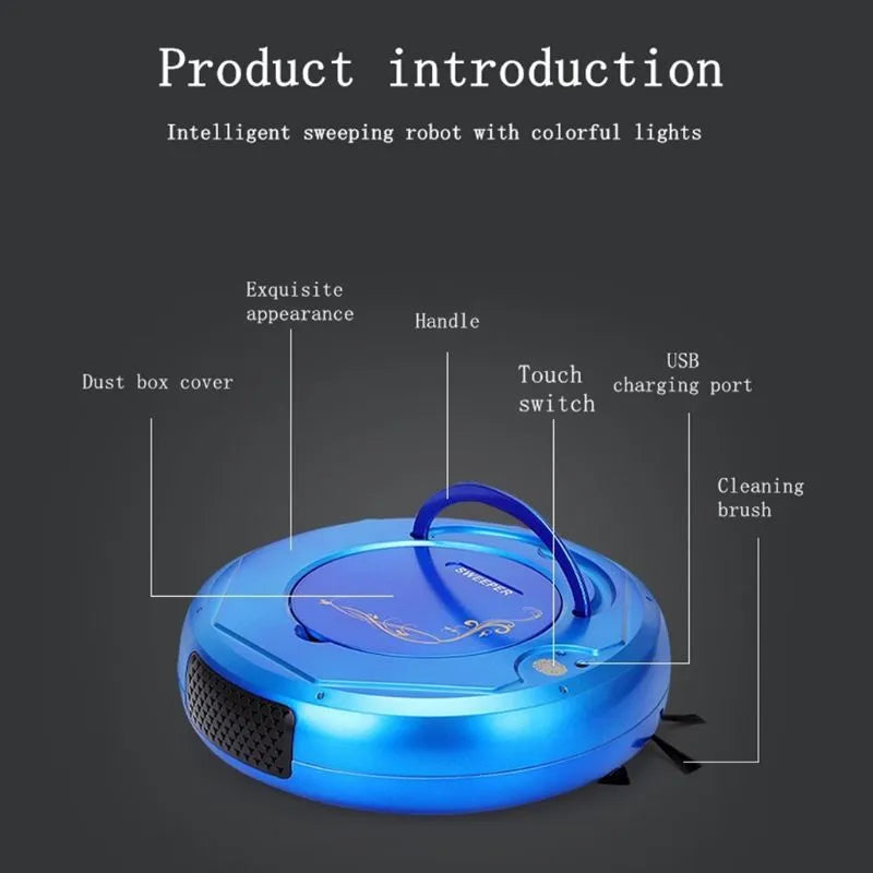 Blue smart vacuum cleaner robot on a tiled floor with charging cable and brush accessories.