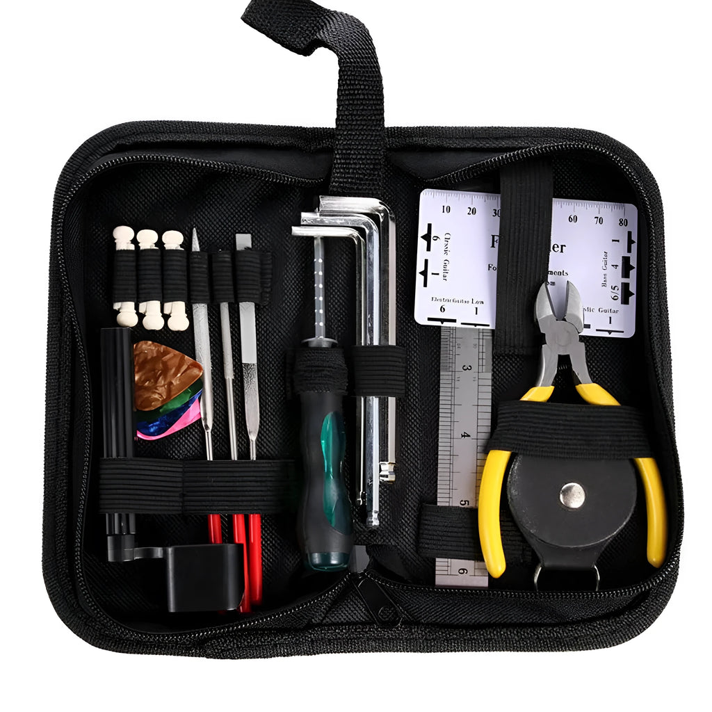 Black plastic and metal guitar repair tool kit case measuring 200mm by 100mm.