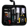Black plastic and metal guitar repair tool kit case measuring 200mm by 100mm.