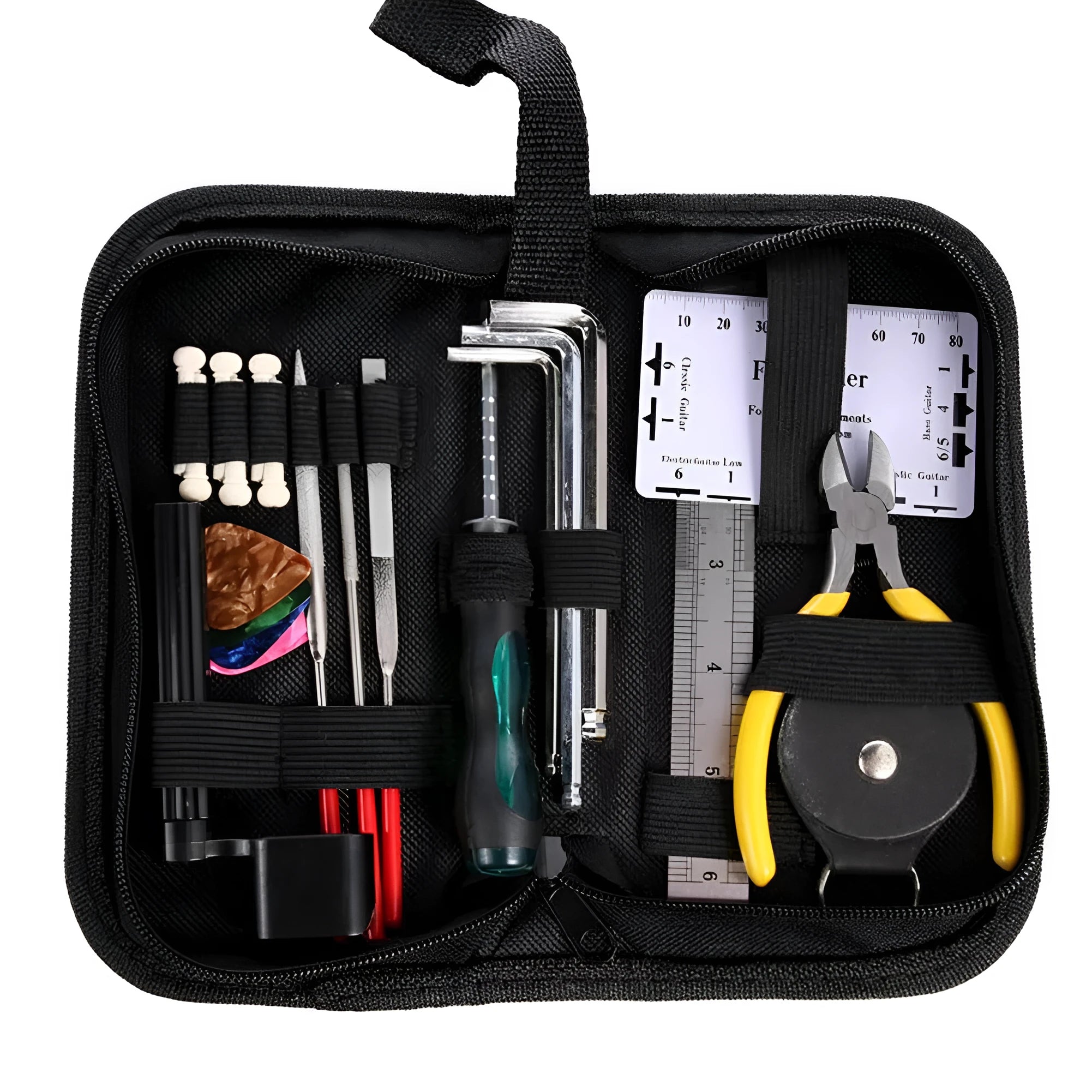 Black plastic and metal guitar repair tool kit case measuring 200mm by 100mm.