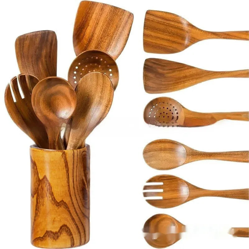 Seven-piece wooden kitchen utensil set showing spoons, spatulas and soup ladles arranged together