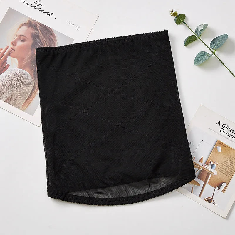 Black mesh belly band with cross-waistband design for body sculpting and postpartum support.