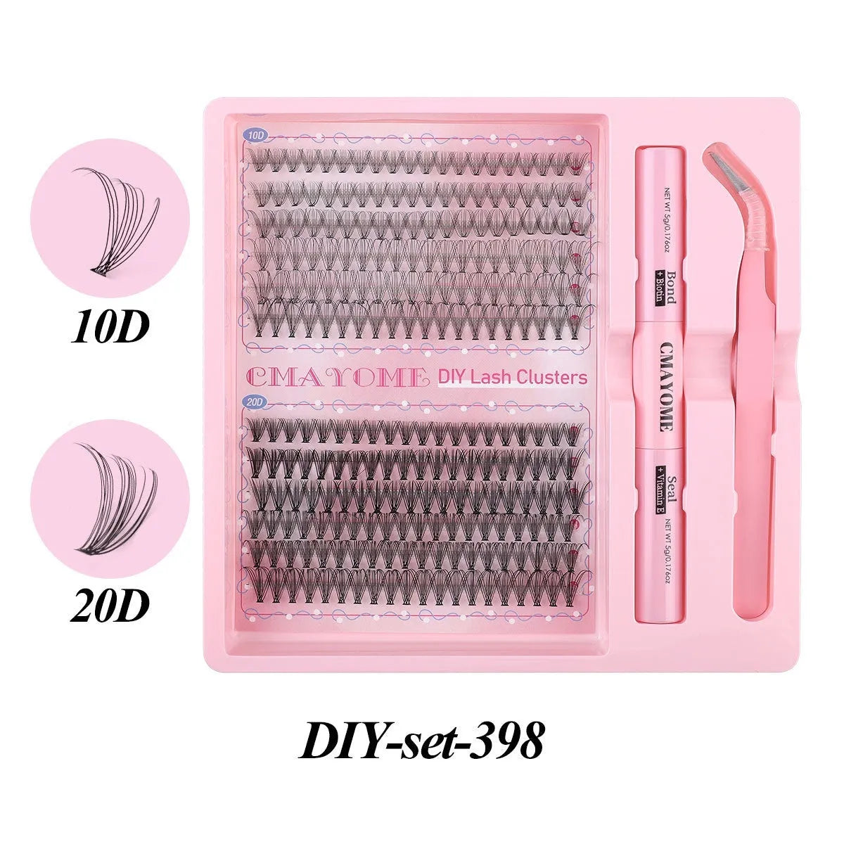DIY single cluster false eyelashes set with four style options on a clear tray