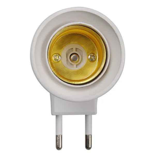 White wall plug-in lamp holder with switch for E27 bulbs showing bakelite housing
