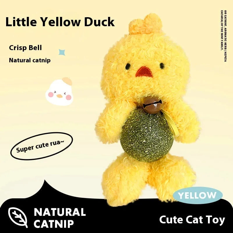 Plush cat toy shaped as a character with a mint ball, shown in brown bear, pink rabbit, piyopiyo and green frog designs.