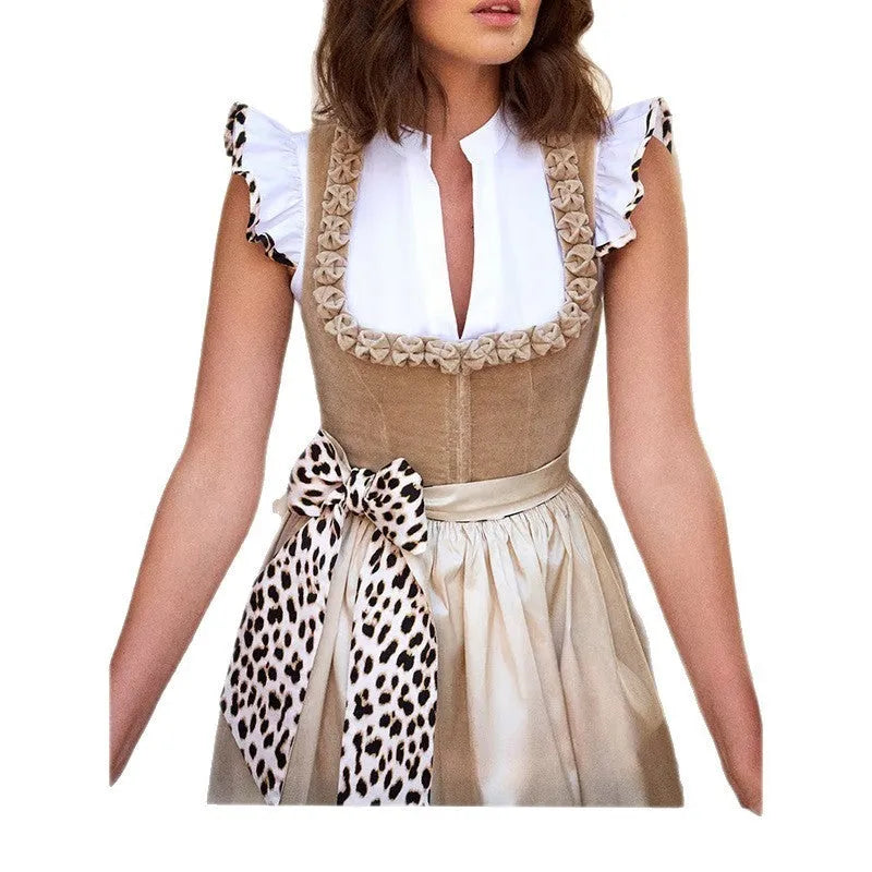 Khaki Oktoberfest beer style women's dress with elegant cut on mannequin