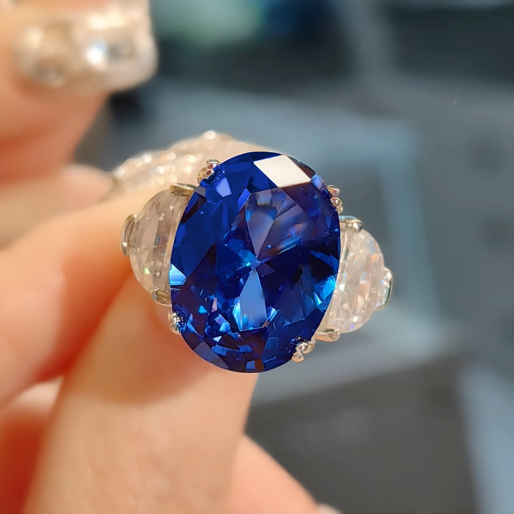 Blue geometric copper band ring with diamond setting for women