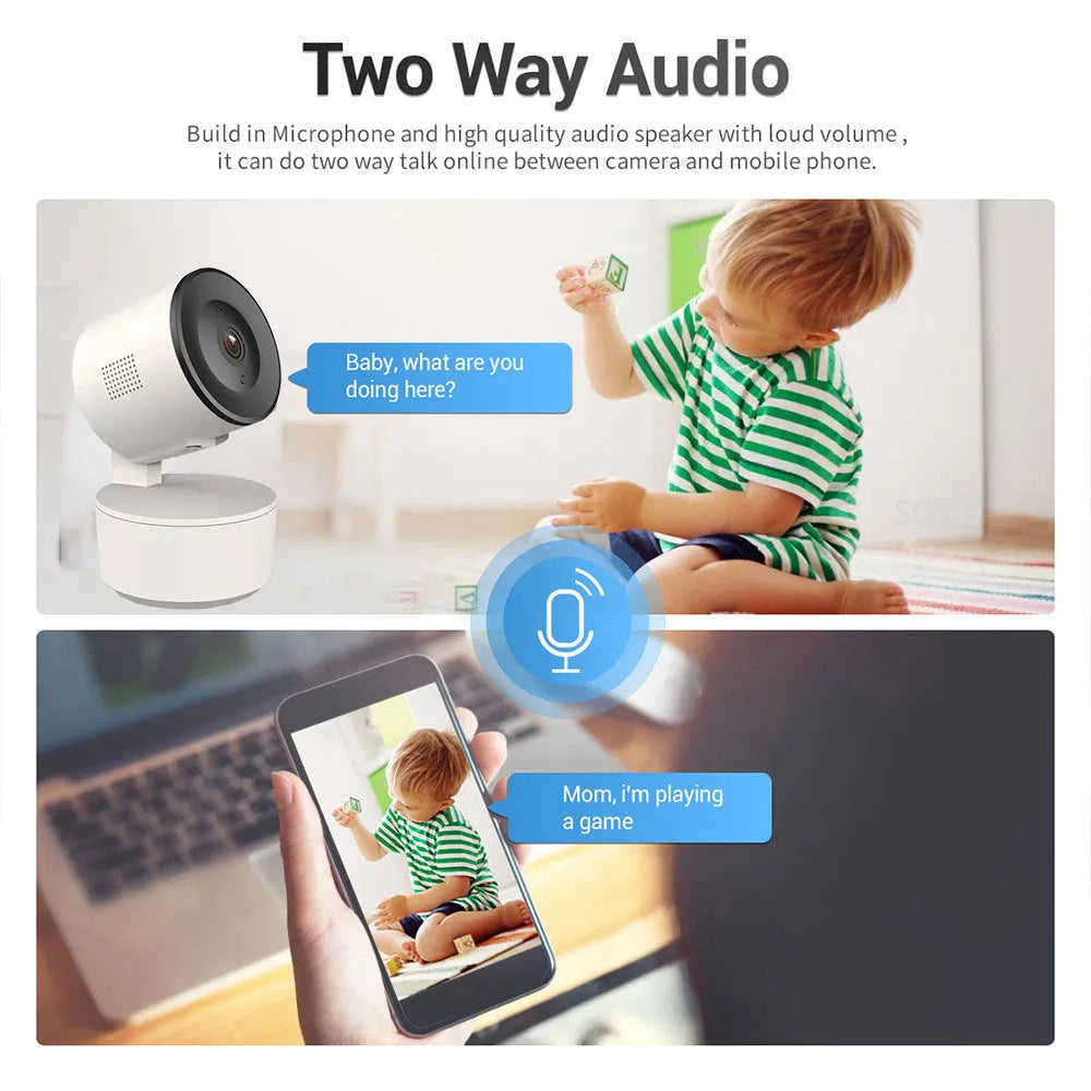 Indoor Wi-Fi security camera with pan-tilt base, shown next to its power adapter