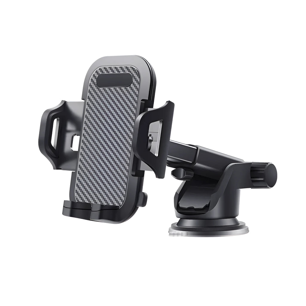 Black adjustable car phone holder for mobile devices 4 to 7 inches wide, showing clip mechanism.