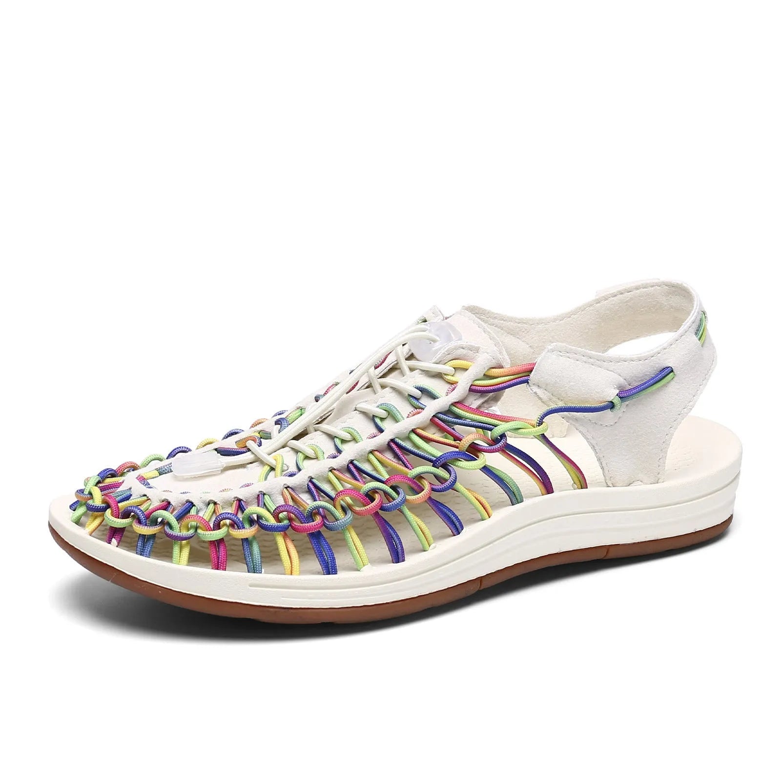 Woven Roman sandals with an elastic drawstring tie in multiple colour options on a rubber sole.