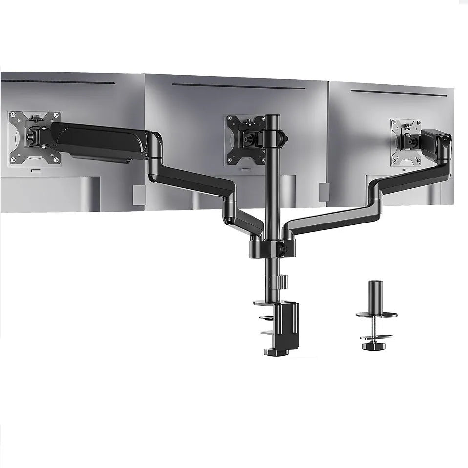 Black gas spring monitor arm with three aluminium arms supporting 27-inch computer screen