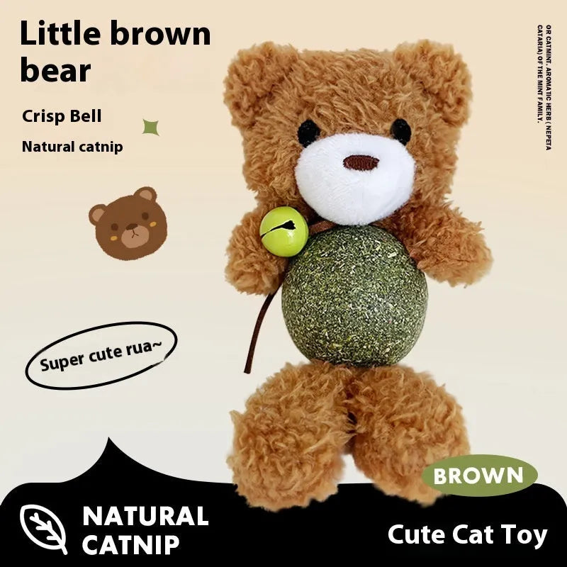 Plush cat toy shaped as a character with a mint ball, shown in brown bear, pink rabbit, piyopiyo and green frog designs.