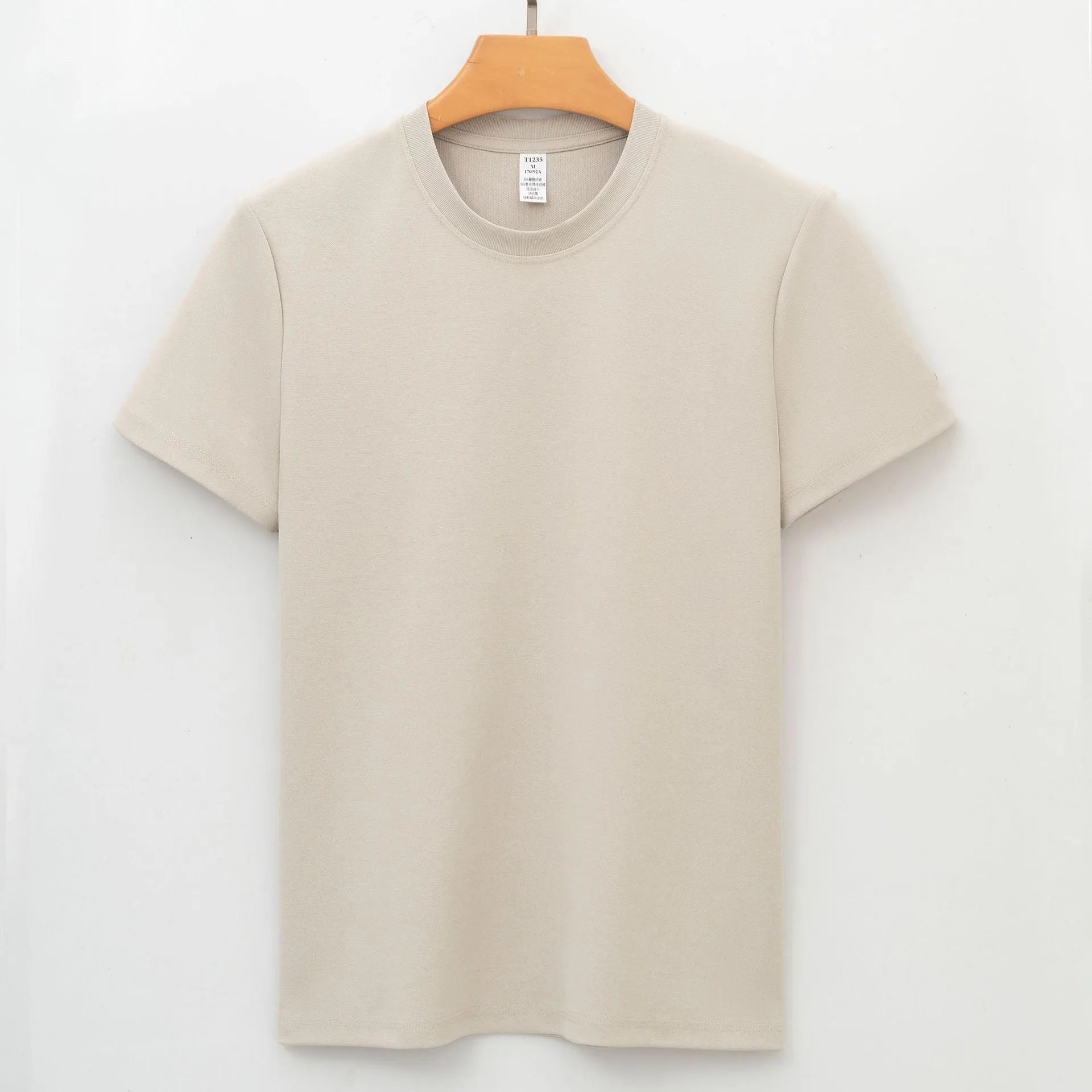 Men's solid colour quick-dry antibacterial short sleeve t-shirt on a hanger.