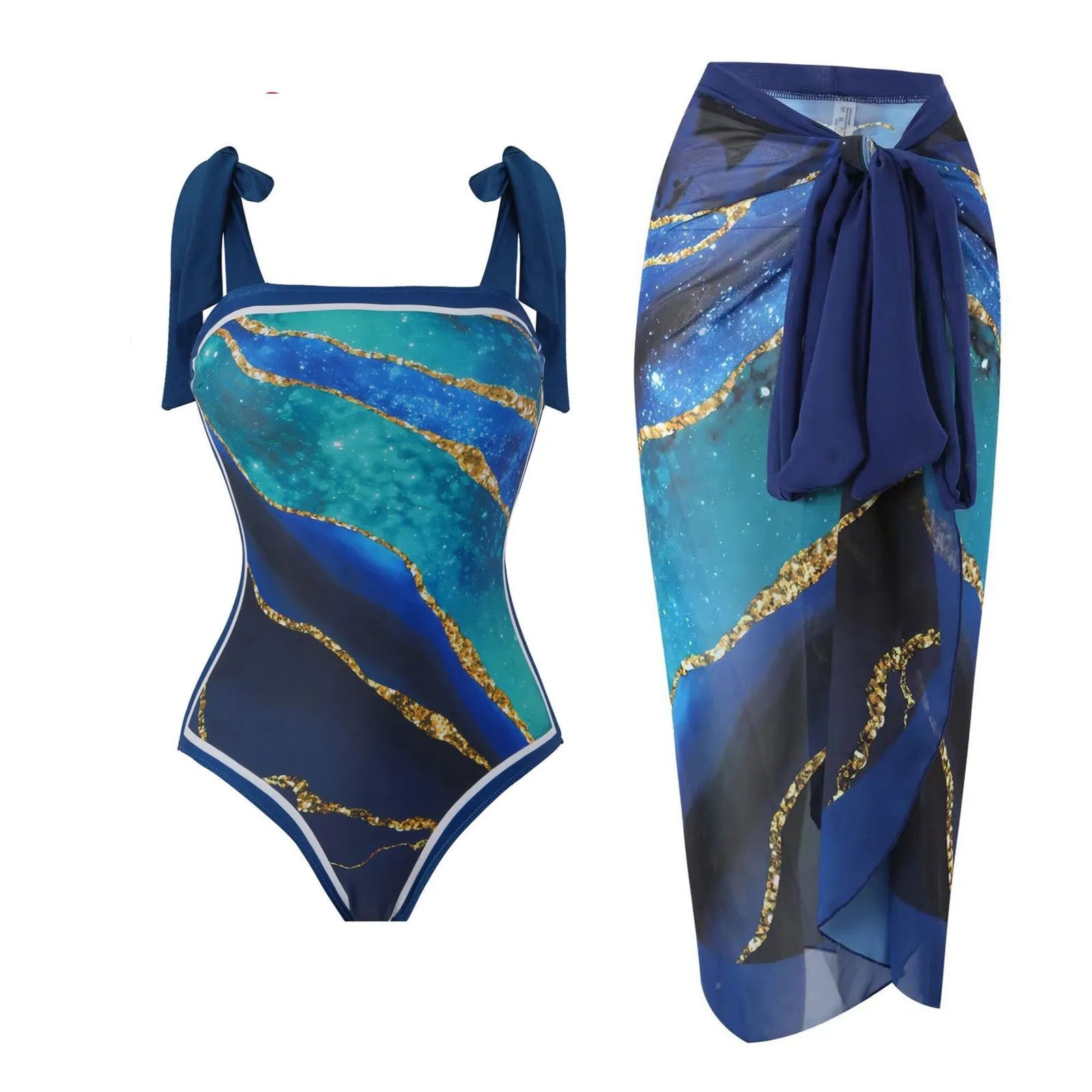 Women's retro floral one-piece swimsuit with chiffon skirt in yellow and black feather patterns